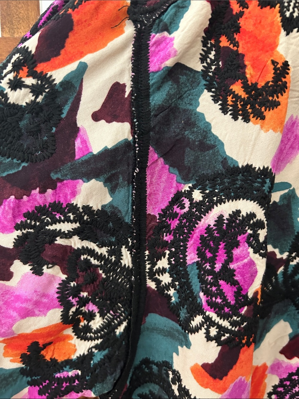 Democracy Floral V-Neck Tunic with Black Crochet Trim in Purple, Orange & Green - Picture 15 of 16